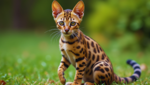 A Bengal cat with a sleek, muscular build and a dazzling golden coat featuring rosettes and spots, resting gracefully in a cozy home setting.